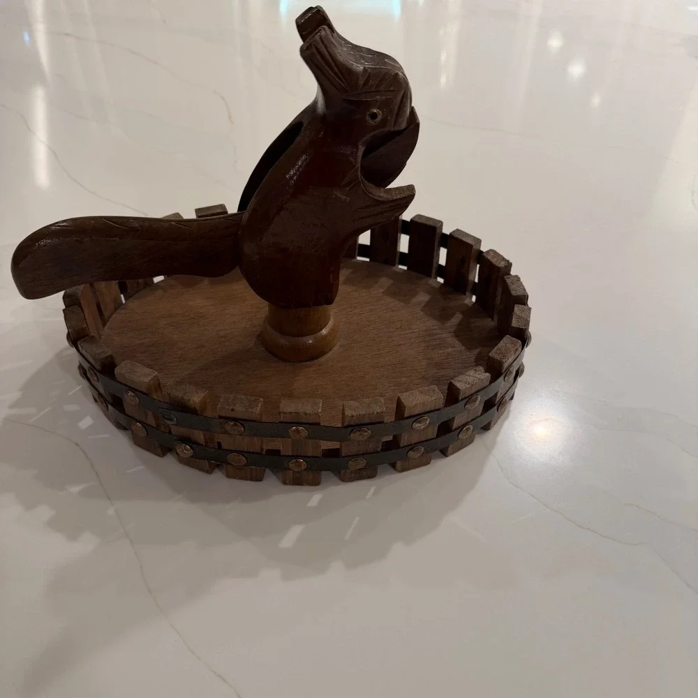 Vintage Hand Carved Wooden Squirrel‎ Nutcracker with Rustic Picket Fence Bowl